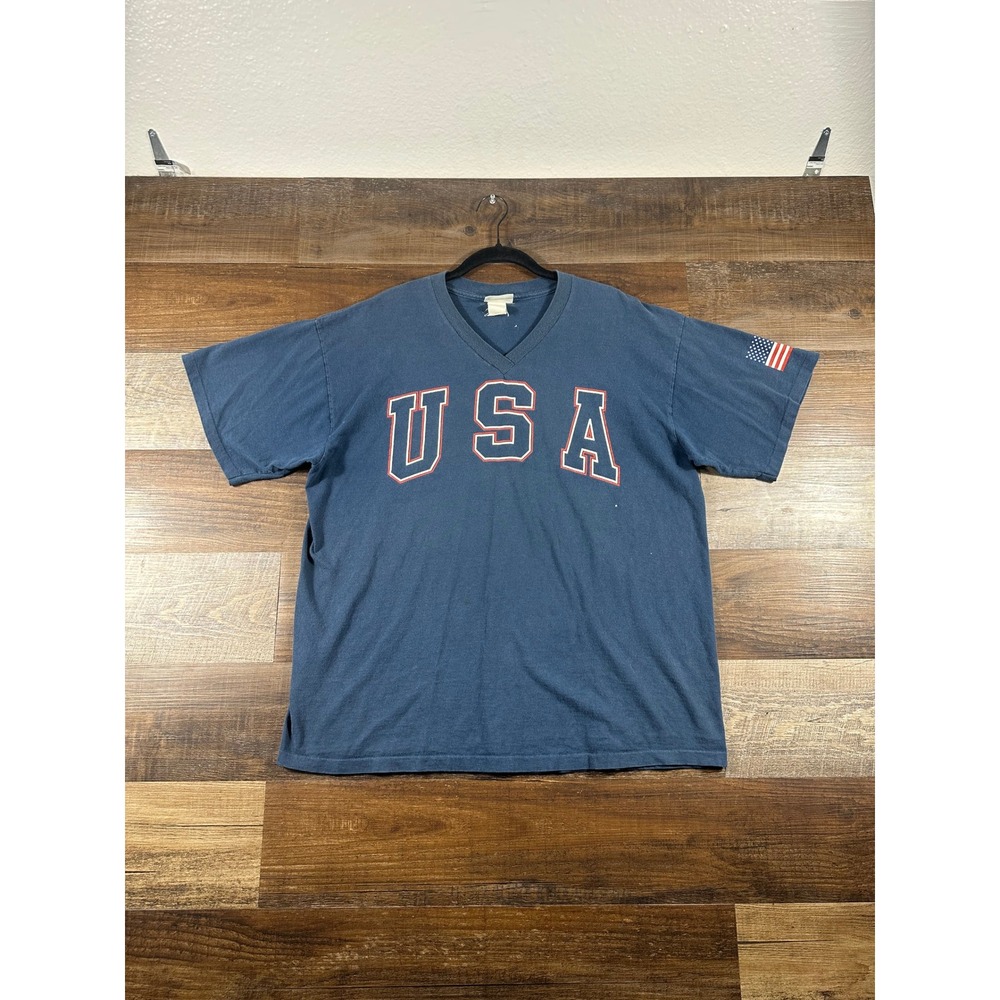 Vintage Danaggers USA V-Neck T-Shirt Large Blue Made in USA American Flag 90s